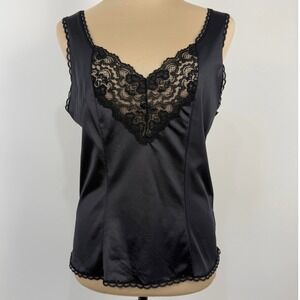 Vintage 80s 90s Sears Black Sheer Satin Lace Camisole Tank Top Size 36 Small